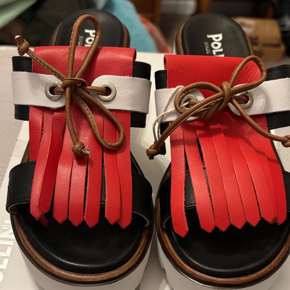 Pollini Women’s Red, White & Black Fringe Slide Sandals new in box - Picture 3 of 10